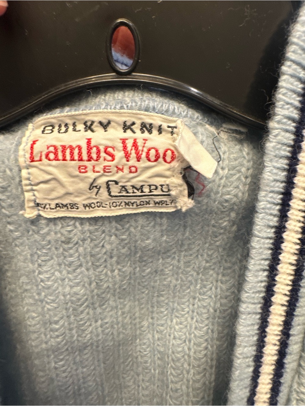 Vintage Light Blue Knit Cardigan with Striped Trim - Picture 4 of 4